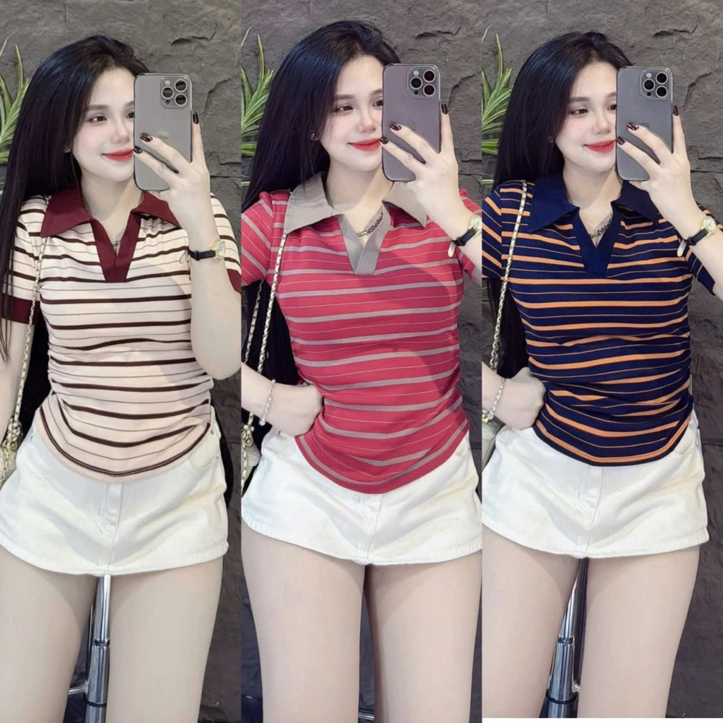 Áo thun nữ Pô Lô sọc PHOM ÔM nhún eo ( Pô Lô P1112 )