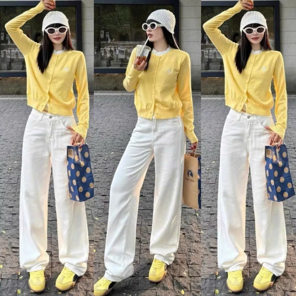 Quần Jean Trắng trơn Thêu Gấu Ống Suông, Cạp Cao Tôn Dáng, Quần Bò Trắng Ống Rộng