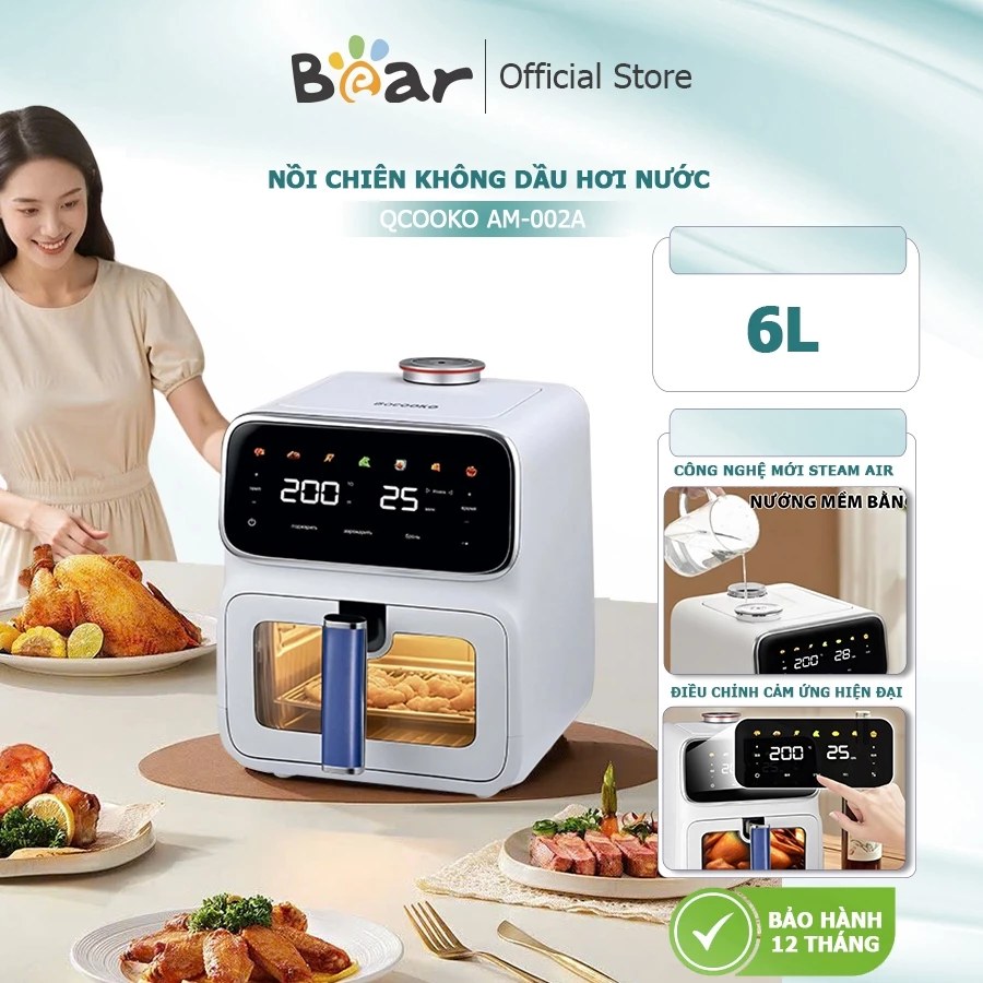 Nồi chiên không dầu QCOOKO, Nồi chiên hơi nước dung tích 6L, 1400W, công nghệ mới STEAM AIR thịt mềm mọng nước, giảm mỡ