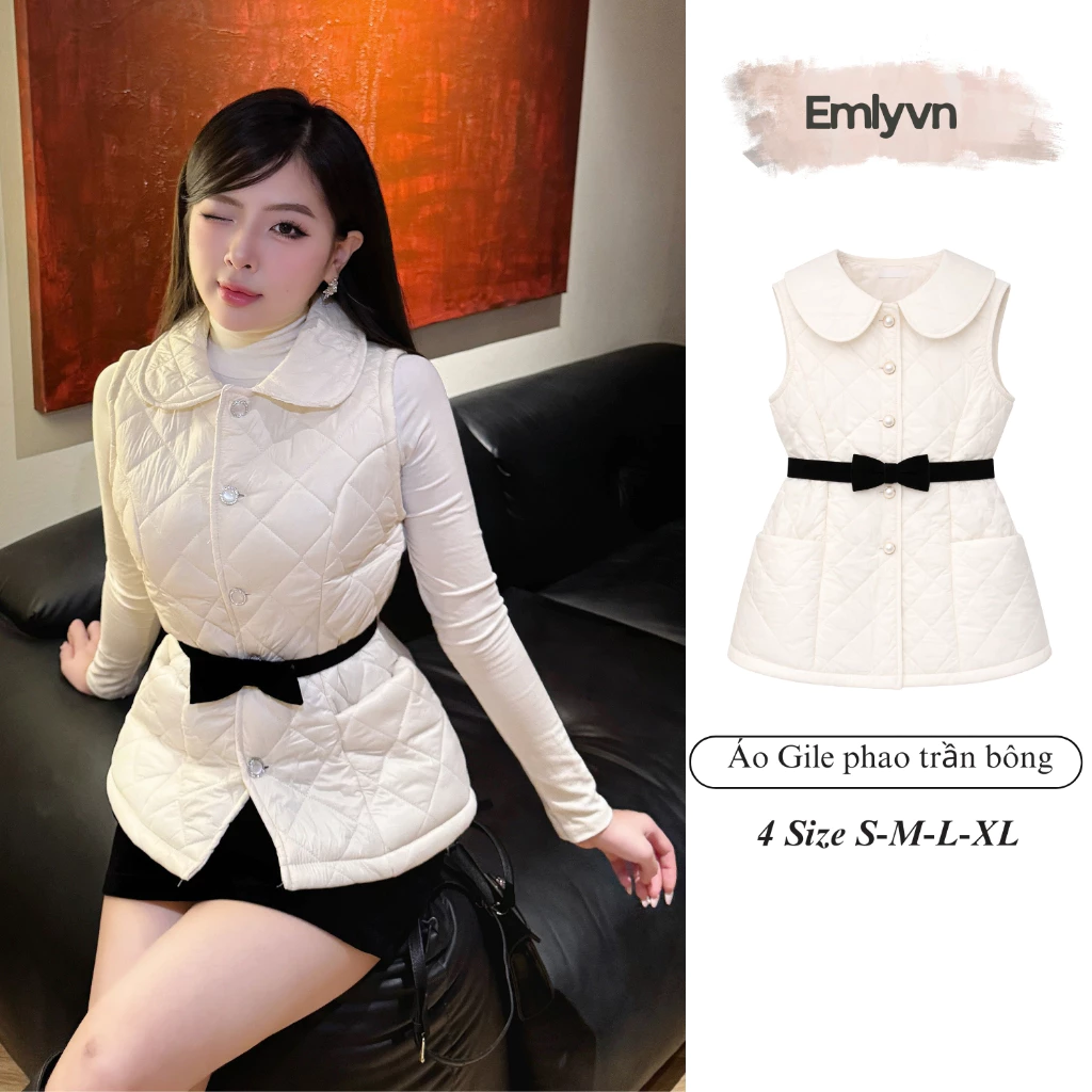 EMLY - Áo Gile Phao Nữ Trần Bông Kèm Đai Nơ, Áo Khoác Gile Nữ Vải Mềm Nhẹ Phong Cách Hàn Quốc