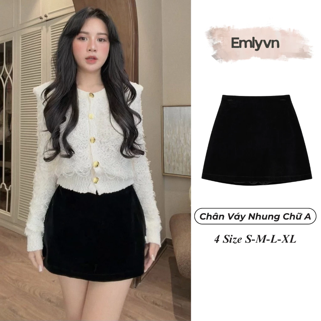 EMLY - Chân Váy Nhung Chữ A Cạp Cao 2 Lớp Có Quần Trong, Tôn Dáng, Váy Nhung Chữ A Nữ Hàn Quốc