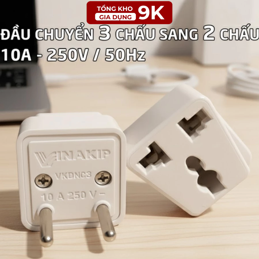 Ổ Cắm Vinakip Chuyển Đổi Phích Điện 3 Chân Sang 2 Chân, 3 Chạc Sang 2 , An Toàn, Dùng Cho Mọi Loại Phích Cắm. TKVA 9000