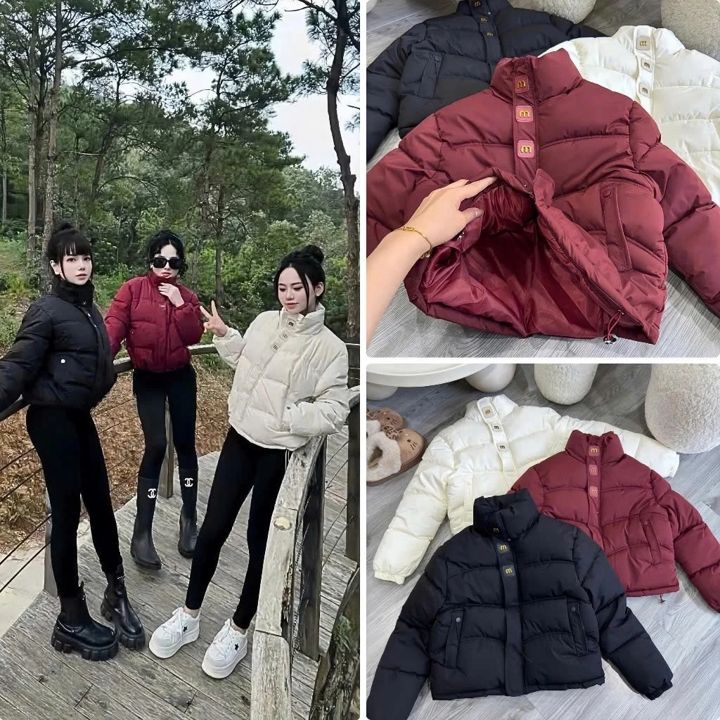 Áo phao béo nữ họa tiết logo chữ M, áo khoác phao form croptop Tino phối cúc bo chun có dây rút basic dày dặn ấm áp