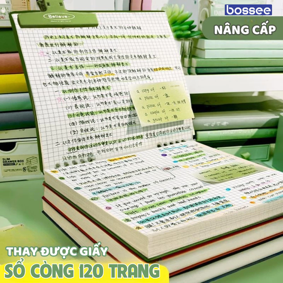 [Mẫu mới] Sổ còng bìa vuông Bossee 120 trang giấy kẻ ngang, kẻ caro có thể thay giấy, binder ghi chép