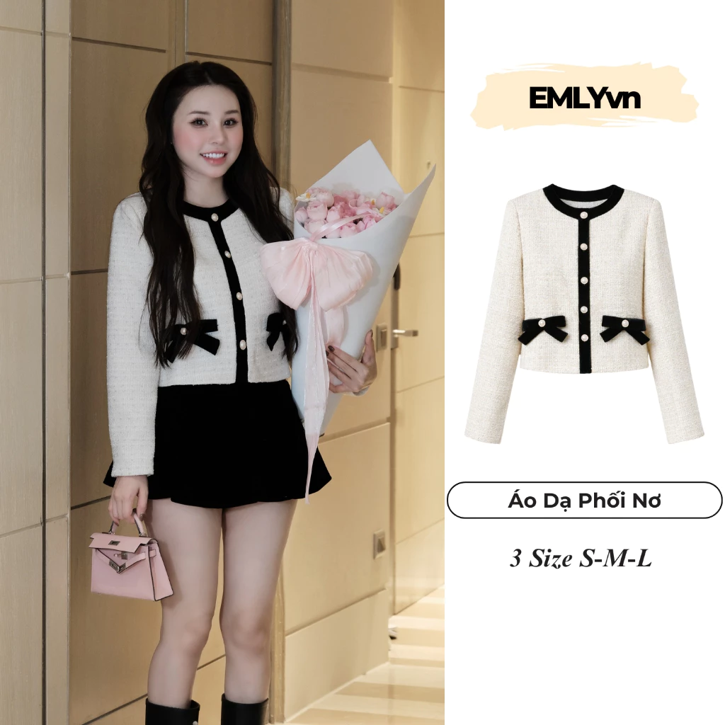 EMLY - Áo Dạ Nữ Phối Nơ Cao Cấp 3 Lớp, Áo Khoác Dạ Nữ Tiểu Thư Dáng Ngắn Phong Cách Hàn Quốc