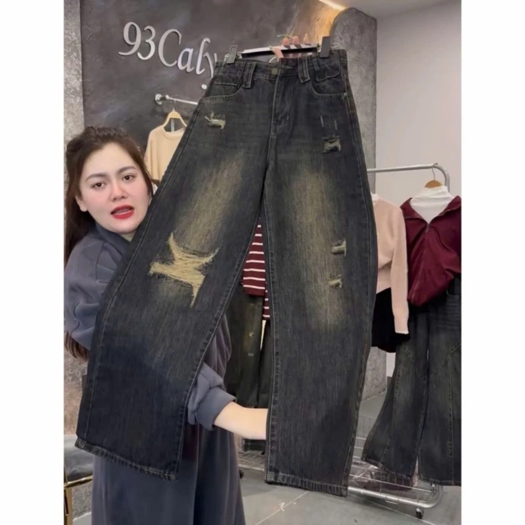 6036 BIGGSIZE Quần jesns suông nữ cap cao không co giãn , quần jeans  ống rộng tạo kiểu hai bên