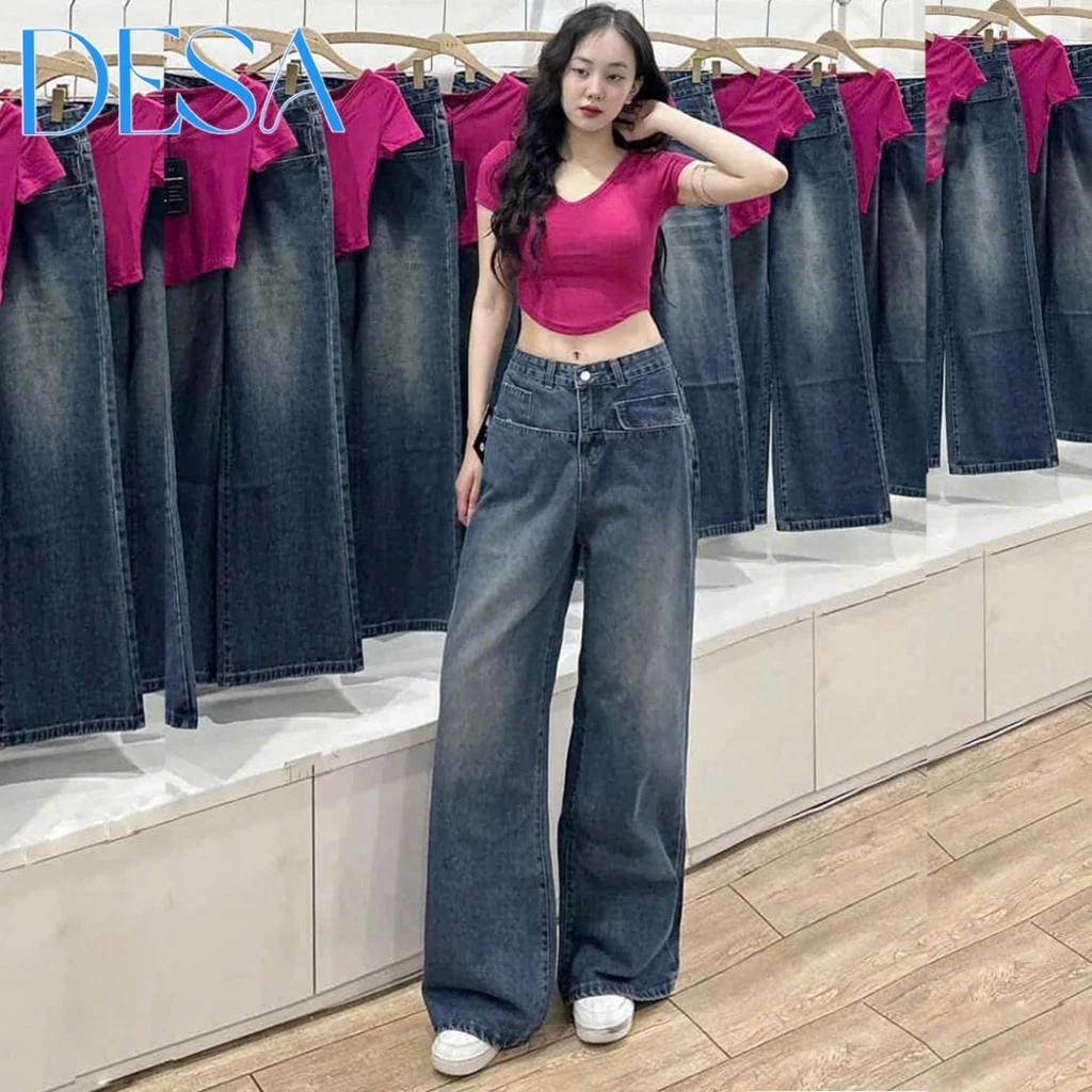 Quần jean nữ ống rộng cạp cao, quần bò ống suông chất vải cotton màu xanh rêu