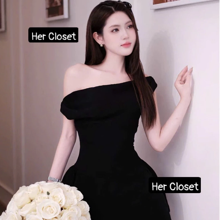[ VÁY THIẾT KẾ] Váy lụa trễ vai dáng ngắn đầm lụa cổ V trễ vai dáng ngắn váy ngắn đầm ngắn sang chảnh đầm đi tiệc, sẵ...