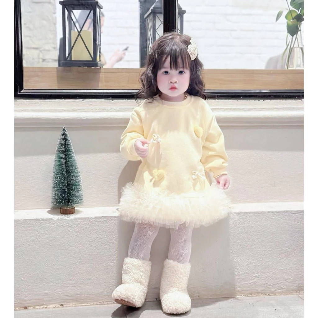 váy nỉ vàng nhạt phối bèo tutu cho bé gái