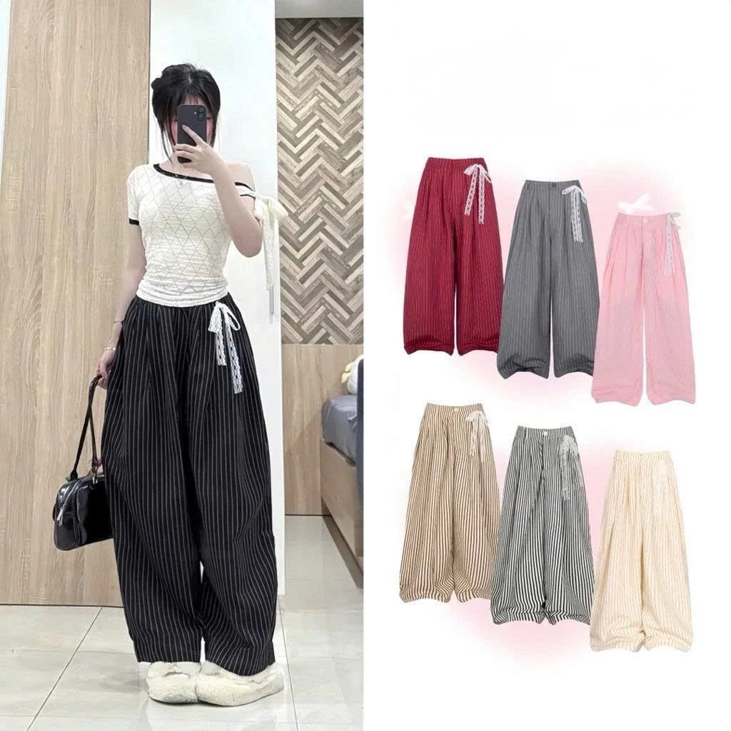 Quần dài nữ kẻ phối sọc cạp chun ống rộng nam nữ, Quần Striped Pants tặng dây ren form harem unisex mẫu mới cực tôn dáng