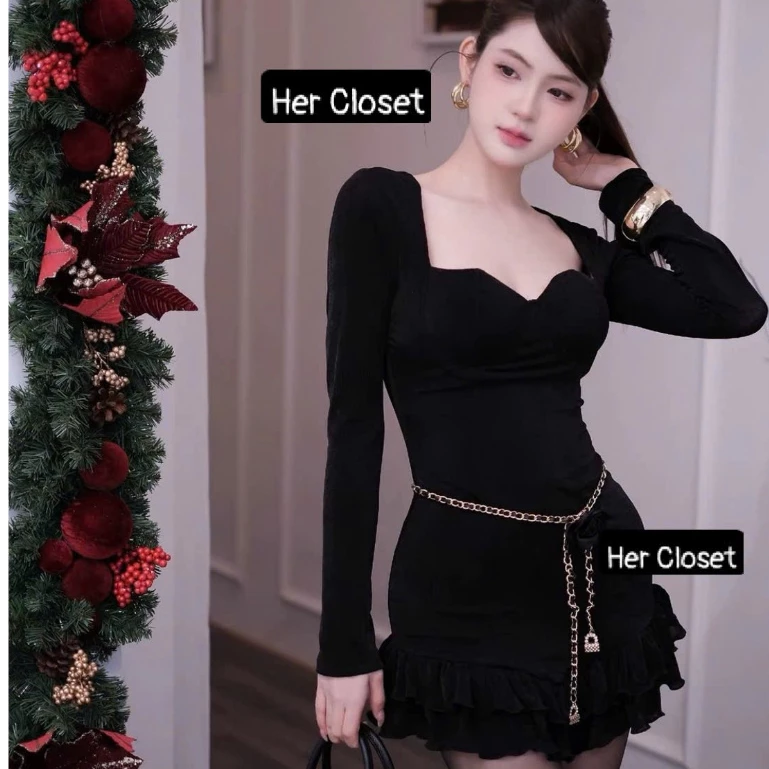 [VÁY THIẾT KẾ] Váy cổ vuông dáng ngắn đầm cổ vuông tay dài váy ngăn đầm ngăn sang chảnh đầm đi tiệc váy đi đám cưới sẵ..