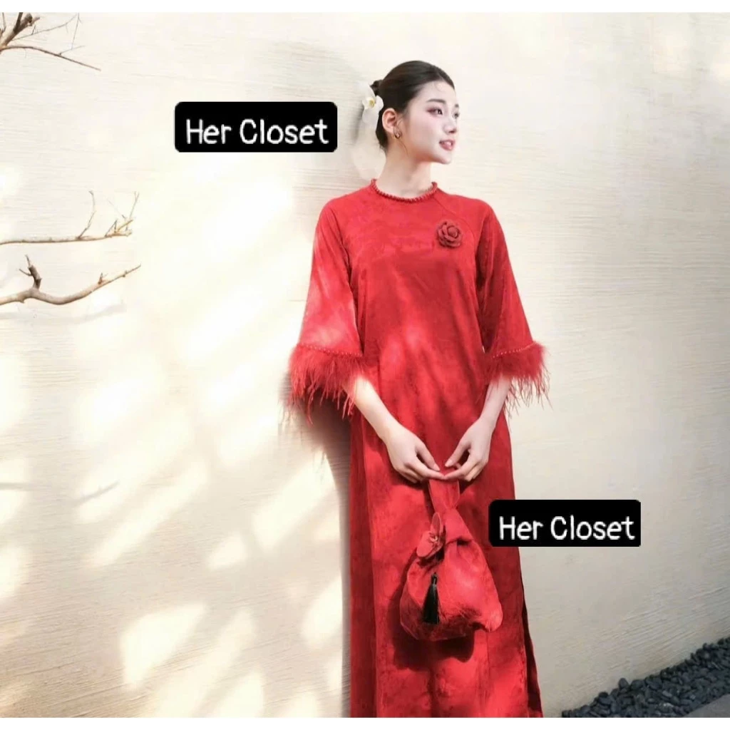 [VÁY THIẾT KẾ] Áo dài kèm hoa tay phối lông vũ váy dáng dài đầm dáng dài sang chảnh đầm đi tiệc váy đi đám cưới, sẵ.....