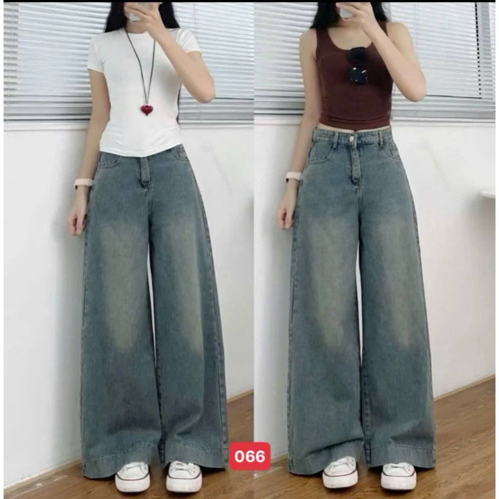 Quần jean Nữ Suông Lưng Cao, Quần Baggy Jean Nữ Ống Rộng chất bò không giãn thời trang trẻ trung 066