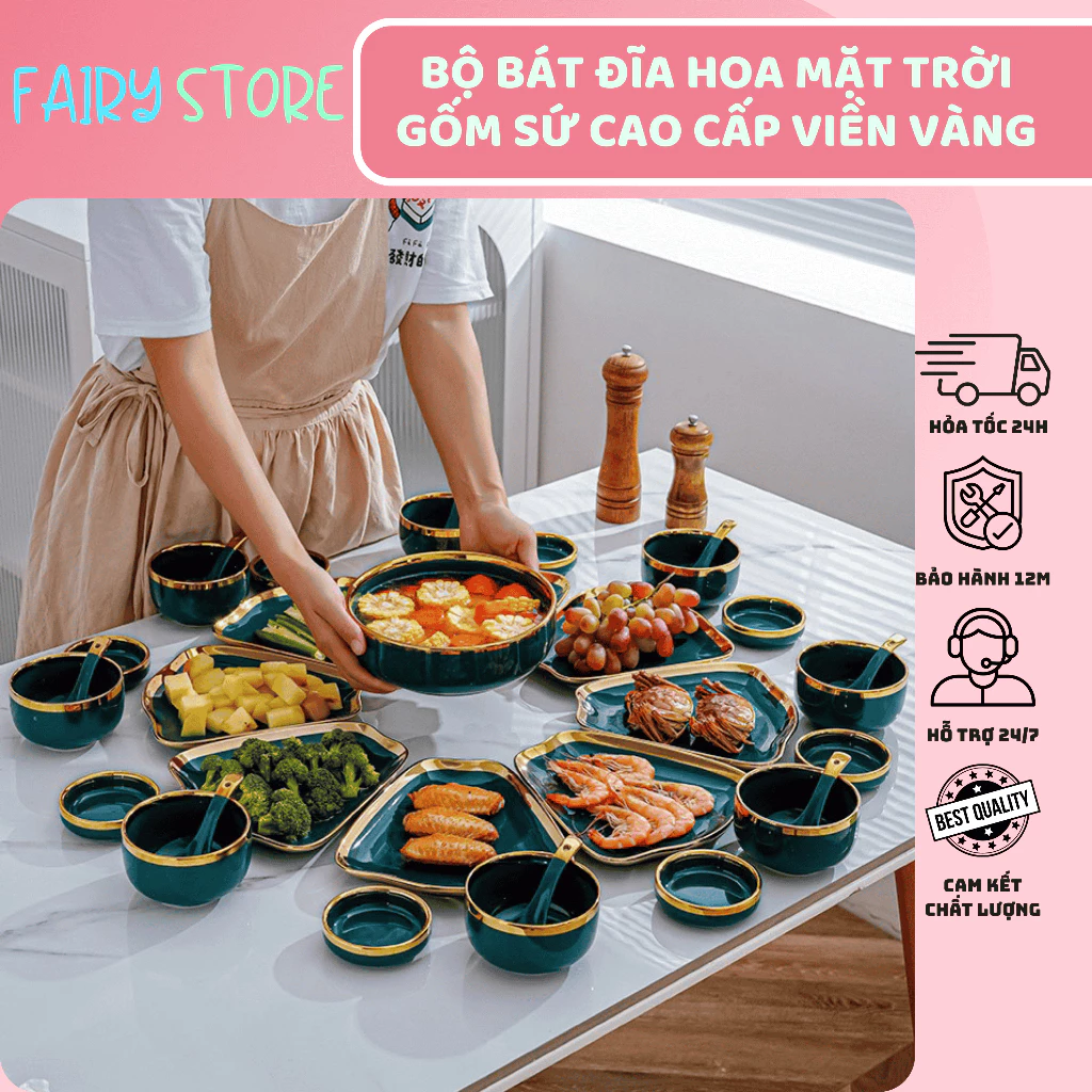 Bộ Bát Đĩa Hoa Mặt Trời Gốm Sứ Cao Cấp Viền Vàng Kim Sang Trọng, Phù Hợp Lễ, Tết, Tiệc Cho Mọi Gia Đình