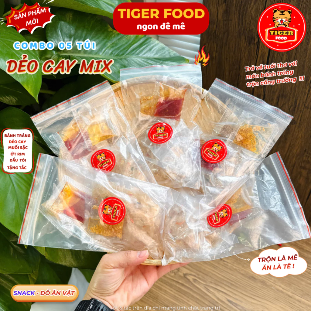 COMBO 5 TÚI Bánh Tráng Phơi Sương Dẻo Trộn TIGER FOOD Bánh Tráng Dẻo Cay Hành Ớt Rim, Muối Sặc, Dầu Tỏi  Đồ ăn vặt Snack