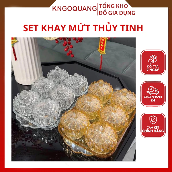 Bộ khay hũ mứt tết thủy tinh sang trọng 2026, Set 6 khay mứt tết đựng bánh kẹo