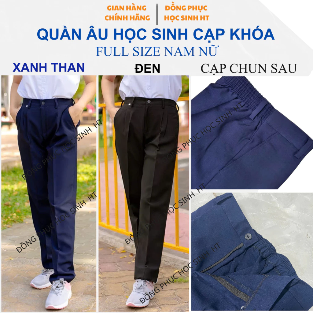 "[Quần Khóa] Quần Tây Học Sinh Tiểu Học, Trung Học, Quần Âu Có Khóa Kéo Đi Học Dành Cho Học Sinh Lưng Thun Màu Xanh Đen" đang được đối chiếu cho người mua tại Việt Nam