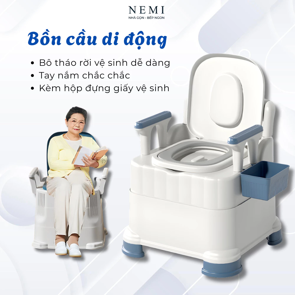 [Loại Xịn]Bồn cầu di động NEMI cao cấp có đệm tựa lưng và tay vịn cho người già, người bệnh, bà bầu, bồn cầu trẻ em