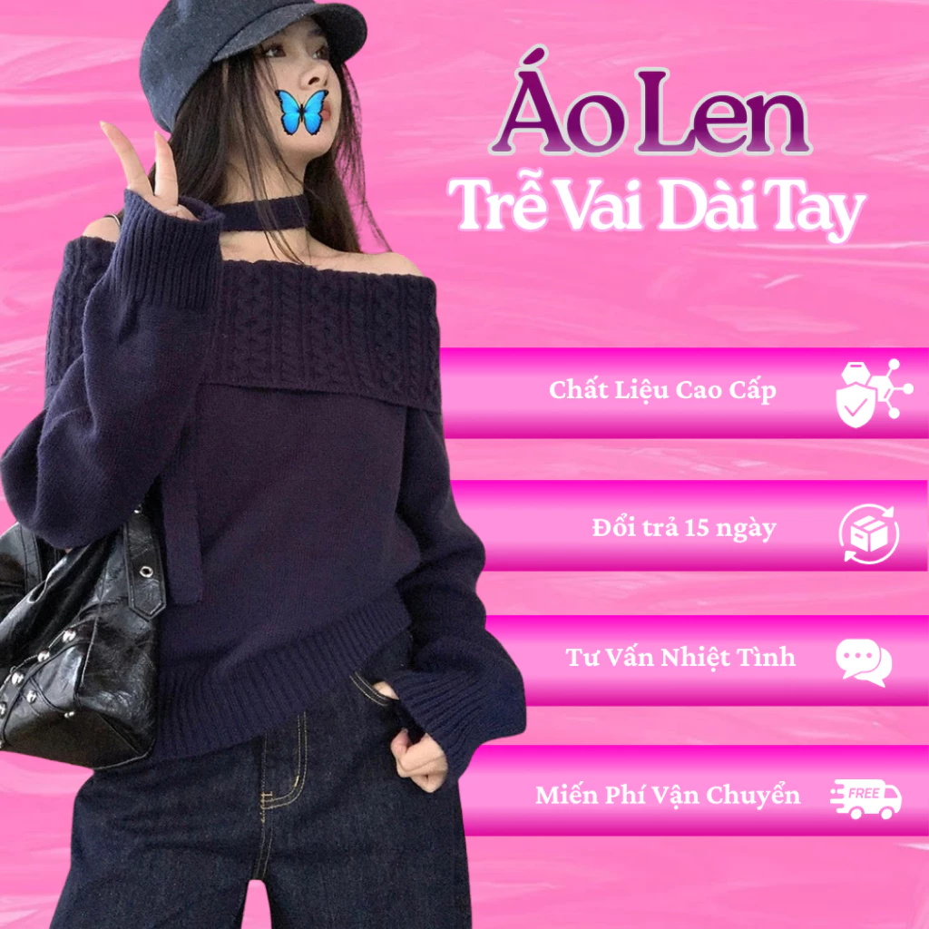 Áo len trễ vai tay dài kèm dây cổ VENLY chất kiệu cao cấp, kiểu dáng Hàn Quốc thanh lịch
