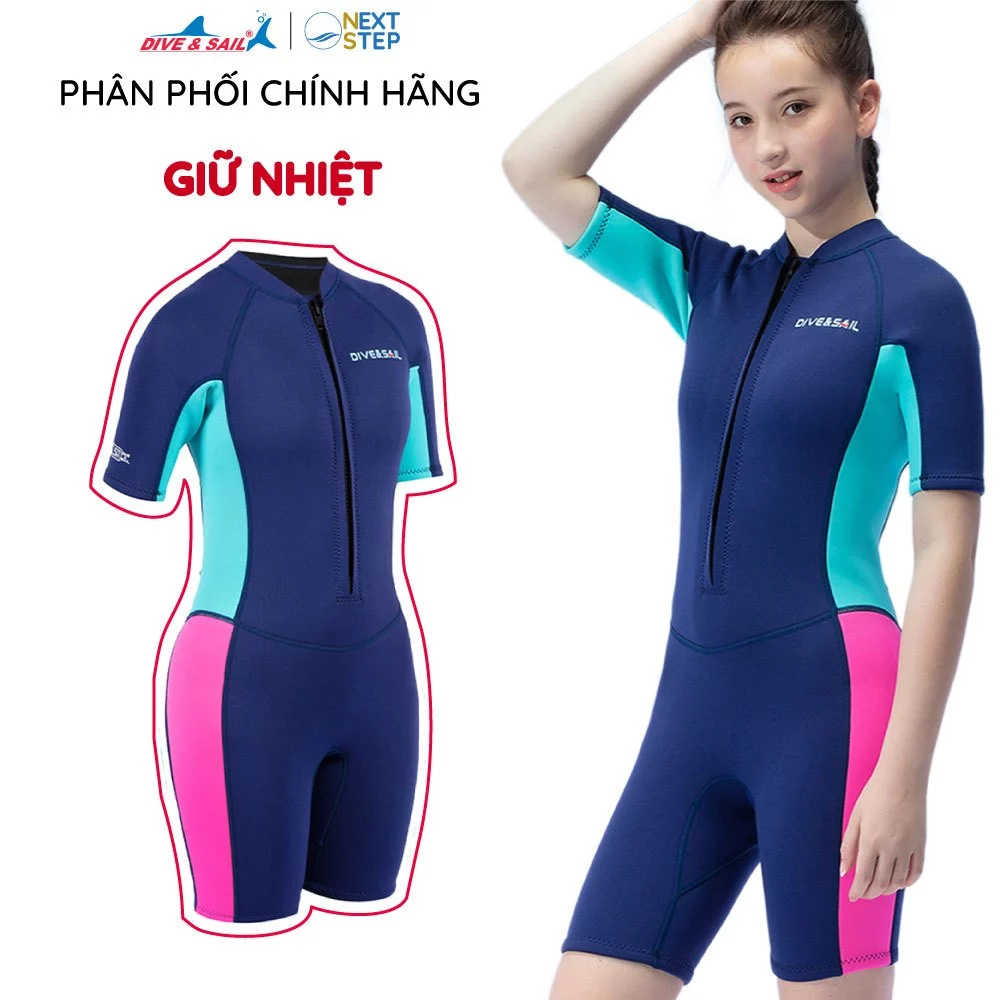 Đồ bơi giữ nhiệt bé gái Dive and Sail size lớn 24-50kg chất cao su dày 2.5mm chống tia UV giữ ấm