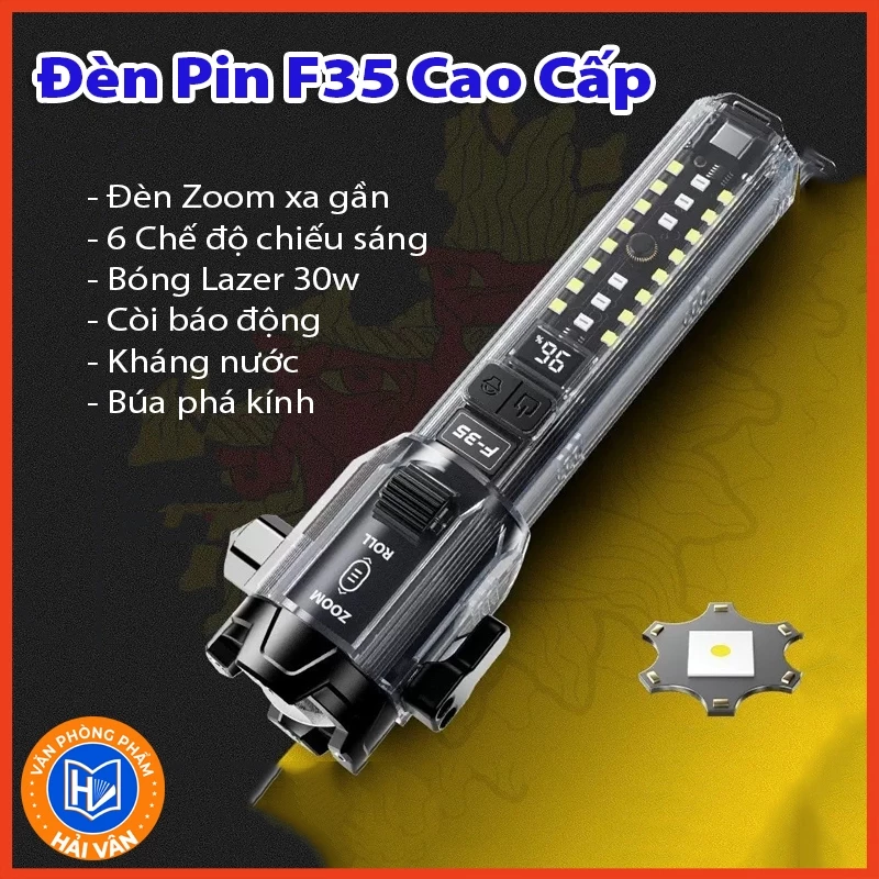 Đèn Pin F35 Led lazer siêu sáng cao cấp,  phá kính, sạc cho điện thoại, chống nước ,còi báo động, cắt dây an toàn