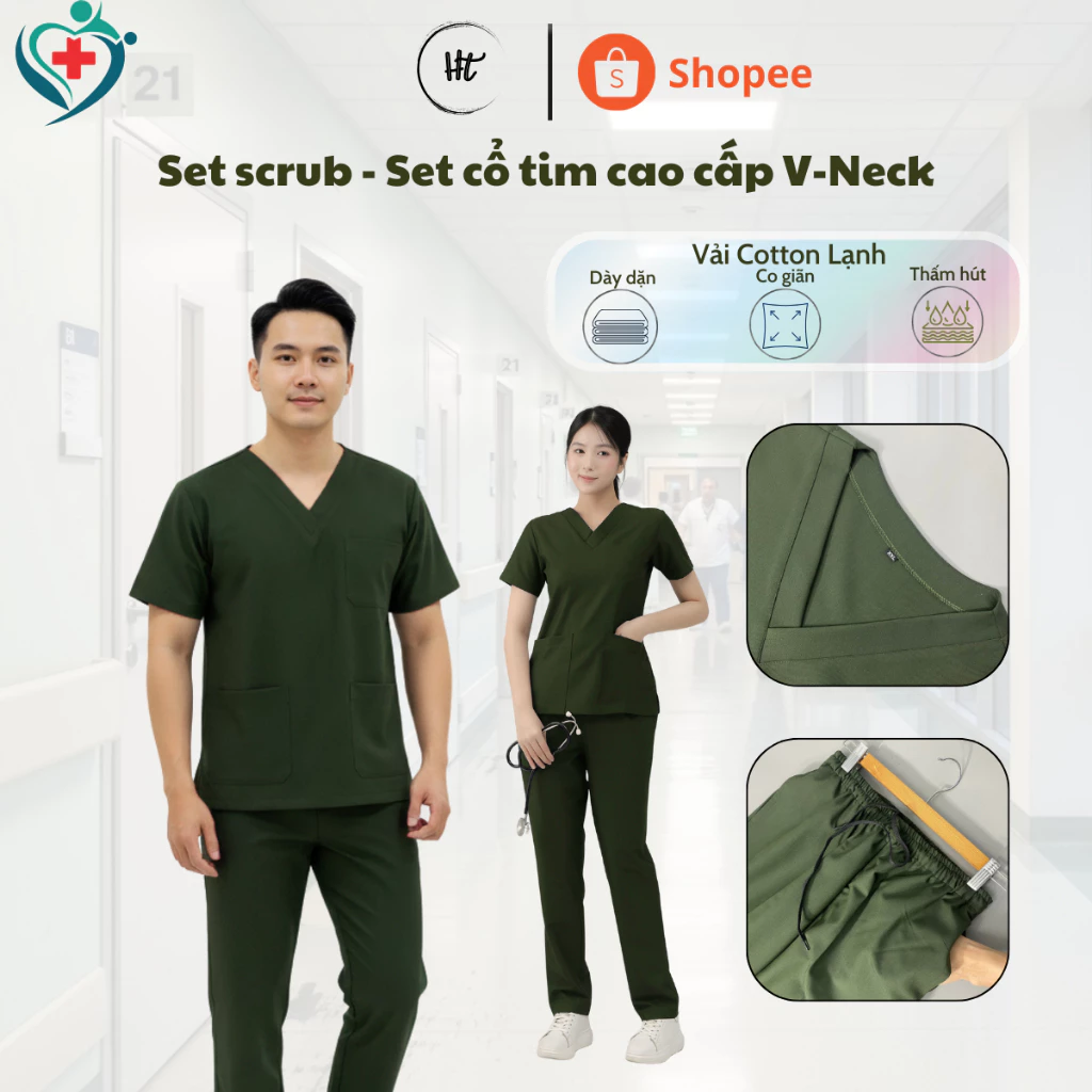 Set scrubs Xanh Rêu, Bộ cổ tim chuyên dụng cho bác sỹ, y tá, giáo viên, phẫu thuật, spa, beauty