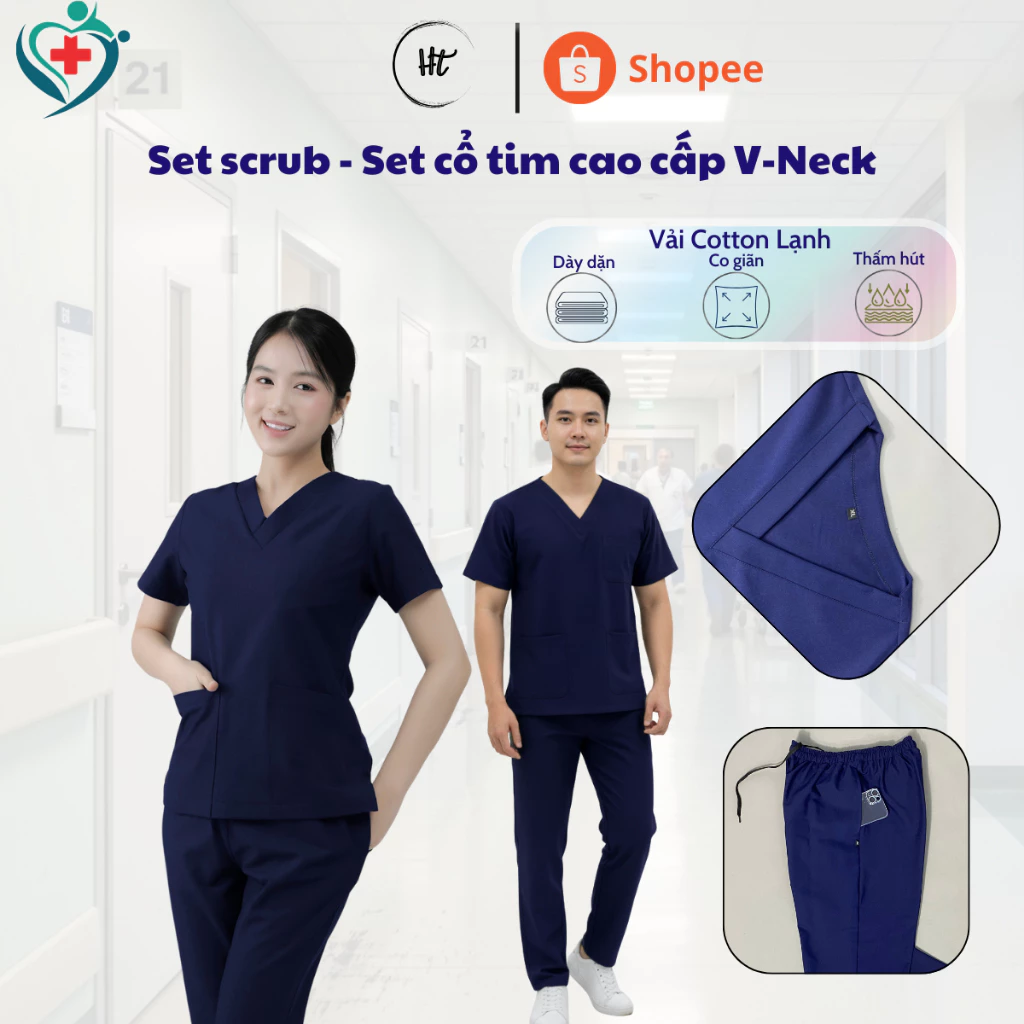 Set scrubs Tím Than, Bộ cổ tim chuyên dụng cho bác sỹ, y tá, giáo viên, phẫu thuật, spa, beauty