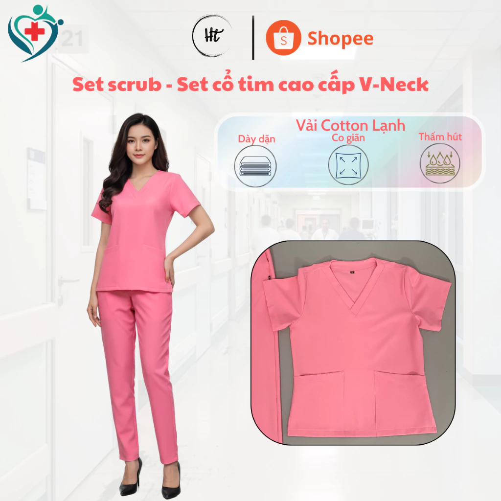 Set scrubs Hồng Phấn chuyên dụng cho NỮ bác sĩ, y tá, giáo viên, nha khoa, spa, thẩm mỹ viện, beauty