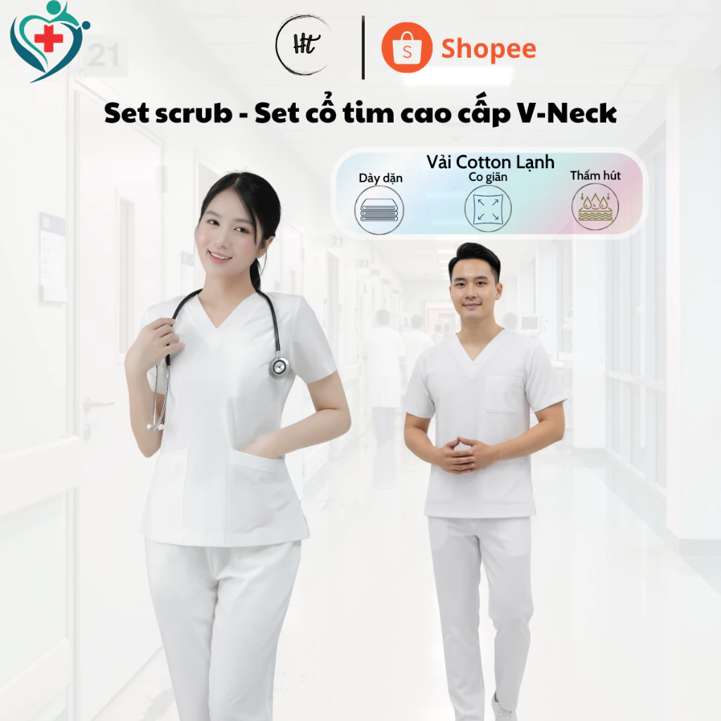 Bộ Scrubs bác sĩ, blouse cổ tim, đồng phục điều dưỡng, thẩm mỹ viện, dược sĩ Màu Trắng