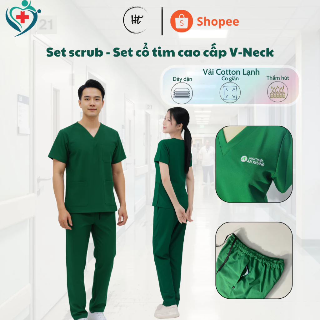 Set scrubs Xanh Lá, Bộ cổ tim chuyên dụng cho bác sỹ, y tá, giáo viên, phẫu thuật, spa, beauty