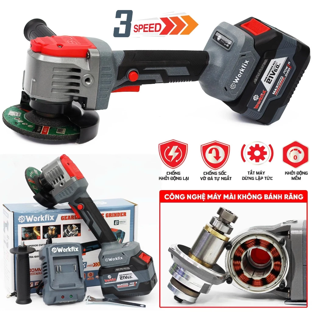[4 TÍNH NĂNG] Máy Mài Góc Workfix WF-AG11000G Không bánh răng Trục M10, Cắt Vượt Trội - Máy mài pin cầm tay