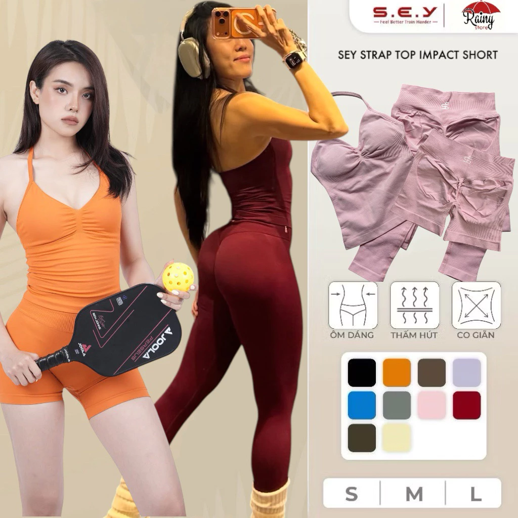 [ CHÍNH HÃNG BỘ S/M/L] Bộ THUN DỆT SEY STRAP TOP IMPACT/ BT Frame Tập Gym, Yoga, Bra Yếm Có Mút Đệm, Quần Chun Mông V