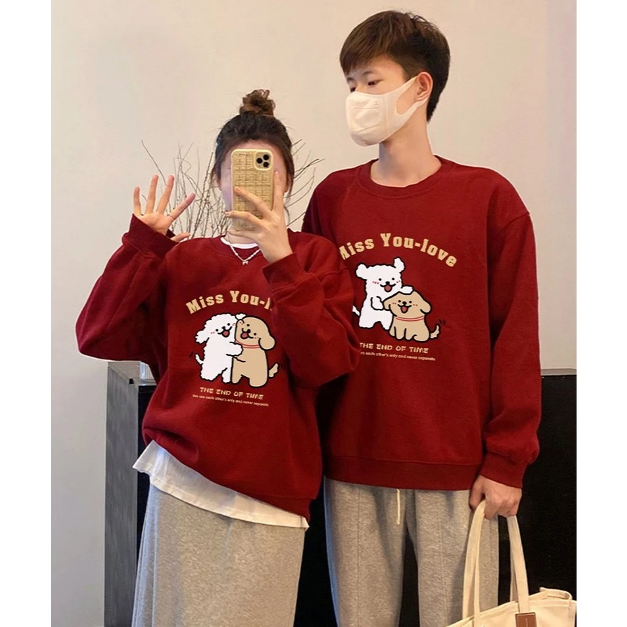 Áo đôi nỉ đỏ Miss You Too in hình gấu dễ thương – Áo cặp nam nữ mặc đông ấm áp