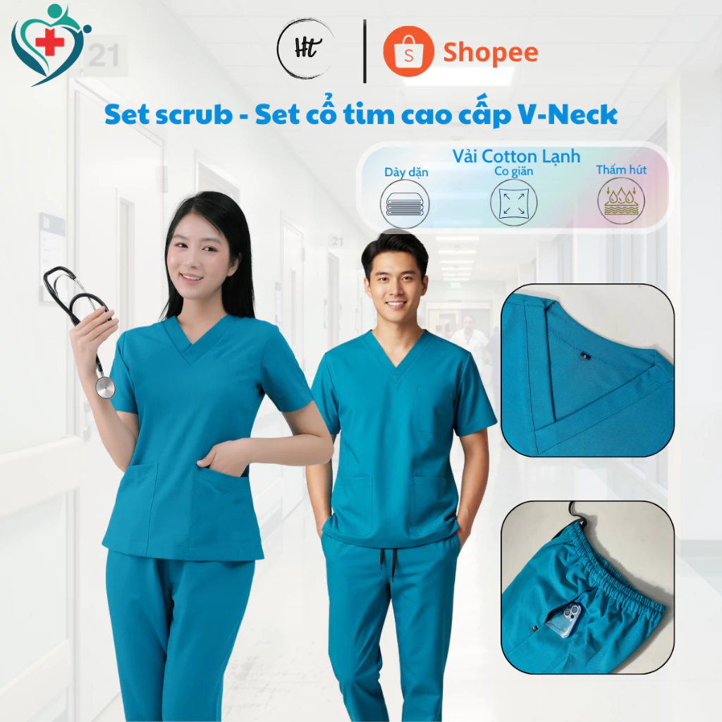 Set scrubs Xanh Cổ Vịt, Bộ cổ tim chuyên dụng cho bác sỹ, y tá, giáo viên, phẫu thuật, spa, beauty