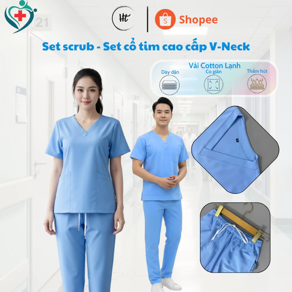 Set scrubs Xanh Hòa Bình, Bộ cổ tim chuyên dụng cho bác sỹ, y tá, giáo viên, phẫu thuật, spa, beauty