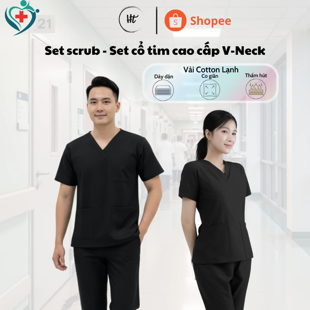 Set scrubs Đen Tuyền, Bộ cổ tim chuyên dụng cho bác sỹ, y tá, giáo viên, phẫu thuật, spa, beauty