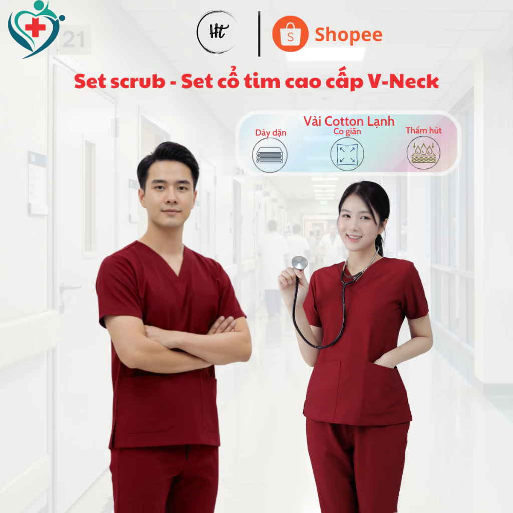 Set scrubs Đỏ Đô, Bộ cổ tim chuyên dụng cho bác sỹ, y tá, giáo viên, phẫu thuật, spa, beauty
