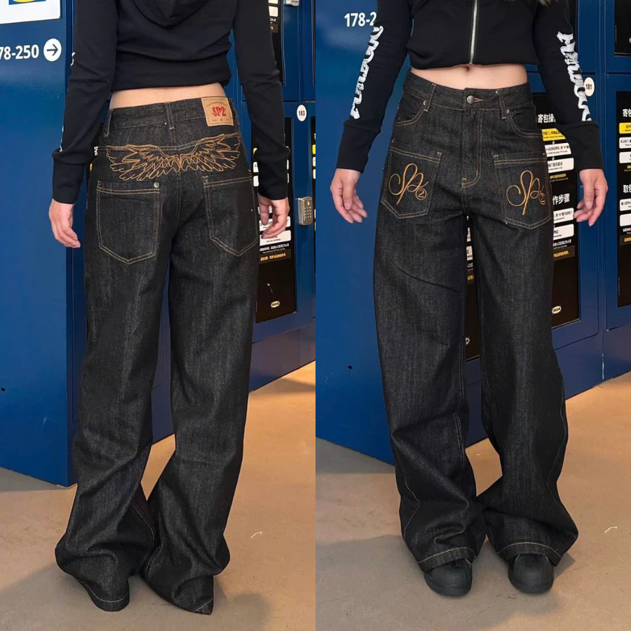 [DEAL MỞ BÁN] Quần Jean Baggy Nữ/Unisex Thêu Cánh Sau Lưng - Wide Leg Streetwear