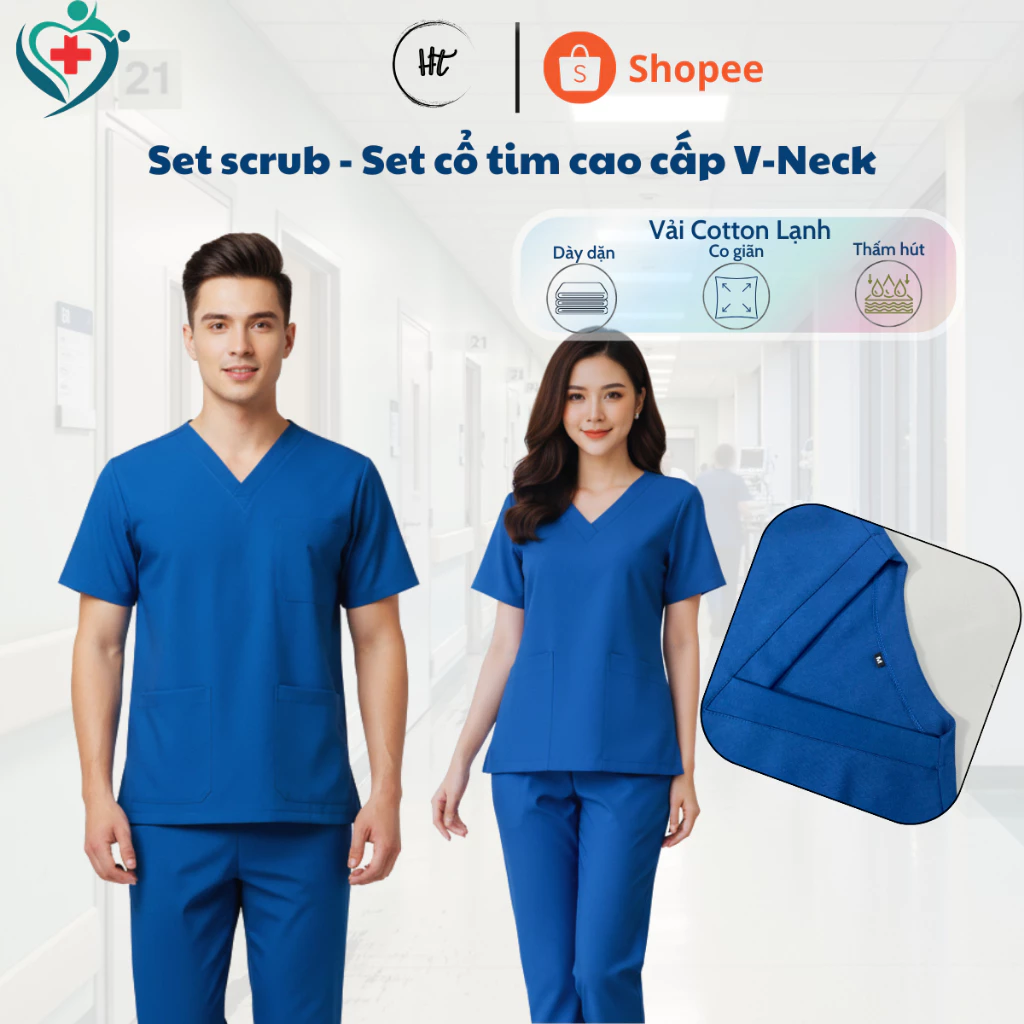 Set scrubs Xanh Coban, Bộ cổ tim chuyên dụng cho bác sỹ, y tá, giáo viên, phẫu thuật, spa, beauty