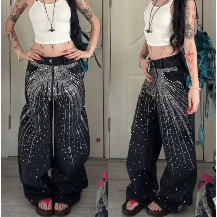 [DEAL MỚI] Quần Jean Đen Đính Hạt Lấp Lánh – Glam Rhinestone Baggy Pants