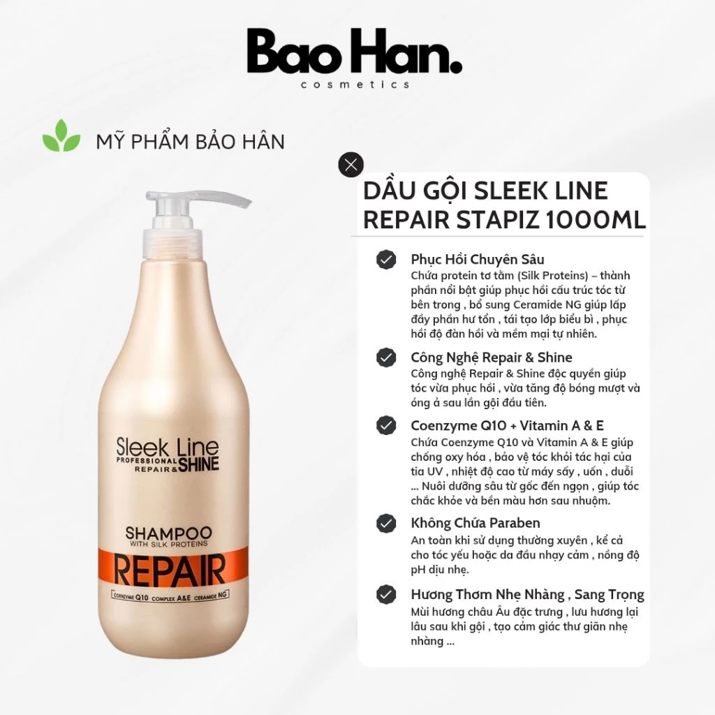 DẦU GỘI CHỮA TRỊ SLEEK LINE REPAIR STAPIZ 1000ML - PHỤC HỒI PROTEIN TƠ TẰM VÀ CERAMIDE NG, GIÚP TÓC CHẮC KHỎE, BÓNG MƯỢT