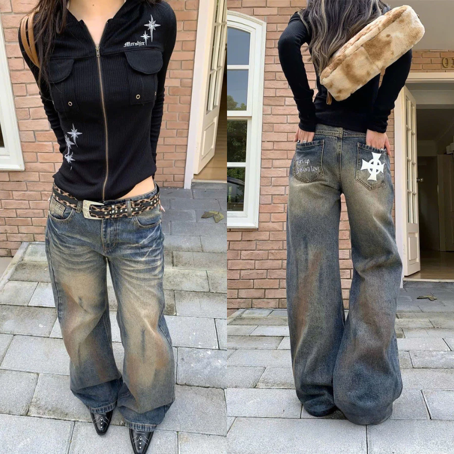 [DEAL MỞ BÁN] Baggy Denim Ống Rộng Cạp Thấp - Wash Loang & Cross Sau Túi
