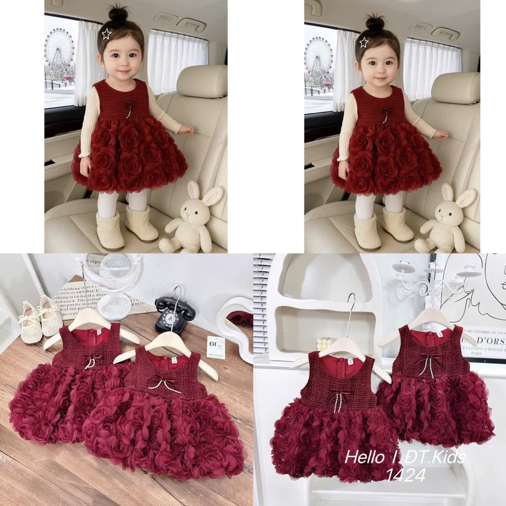 [LiA baby’s] L2 Set váy dạ đỏ đính nơ phối chân bồng xinh xắn cho bé gái (8-18kg)