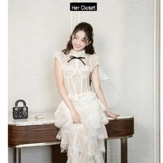 [HÀNG THIẾT KẾ] Set váy corset tầng cúp đính nơ cổ cao, dáng cúp phối chân váy ren tầng tiểu thư đầm trắng đi tiệc,sẵn..