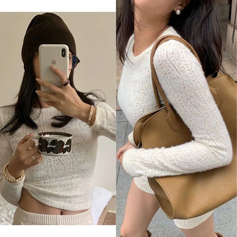 [DEAL MỞ BÁN] Áo len lông nhung mỏng dài tay – Trắng sữa basic