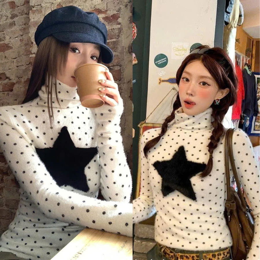 [NEW ITEM] Áo sweater cổ lọ nữ dáng ôm tim đỏ/sao đen ulzzang