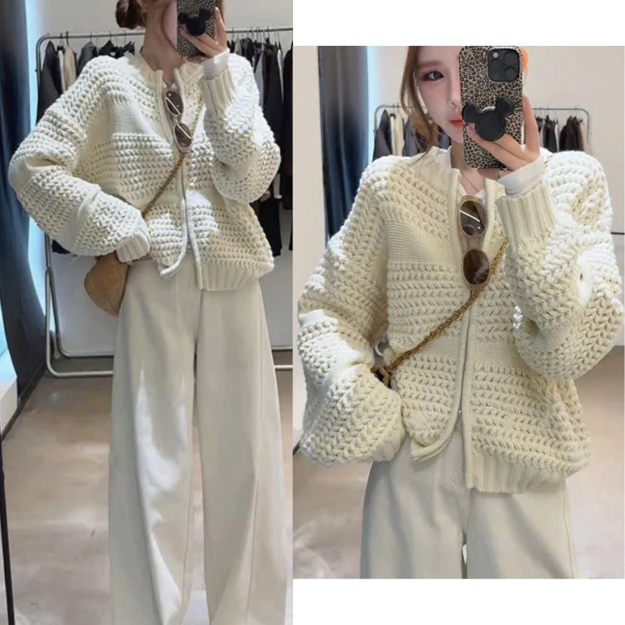 [DEAL MỞ BÁN] Áo Khoác Len Nữ Dệt Nổi Khóa Kéo – CHUNKY Knit Cardigan Màu Kem