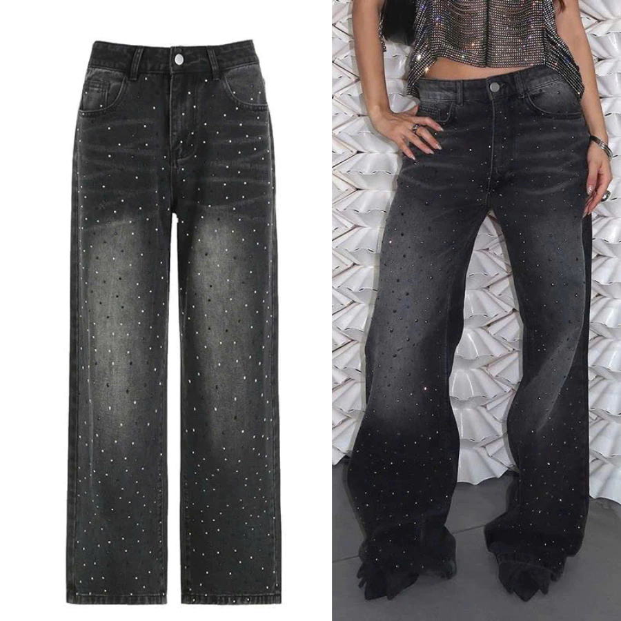 [DEAL MỞ BÁN] Quần jean baggy ống rộng màu đen/gray wash, đính hạt/pha lê nhỏ. Form cạp trung/low-mid