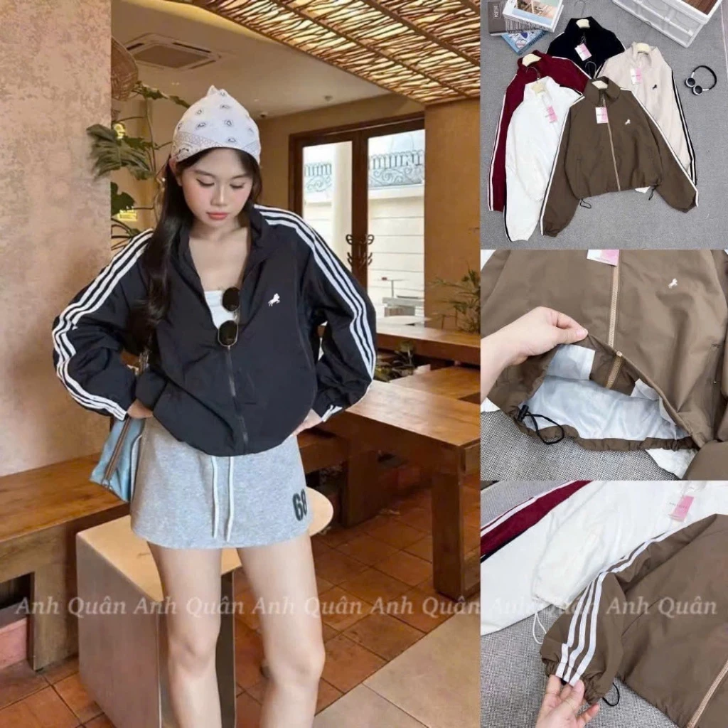 Áo Khoác Gió Nữ 2 Lớp Croptop Thêu Logo Phối Kẻ Sọc,Trẻ Trung,Năng Động,Vải Gió Kháng Nước,Cản Gió,Chống Tia UV
