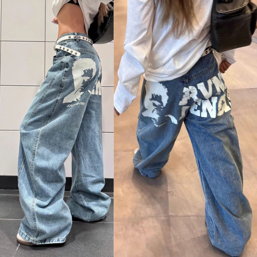 [DEAL MỞ BÁN] Quần Jean Baggy Nữ In Hình Large Print - Streetwear, Ống Rộng - 6902